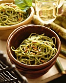 Bowl of Spaghetti with Pesto and Pine Nuts
