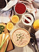 Overhead of Bowl of Homemade Russian Dressing Surrounded by Ingredients