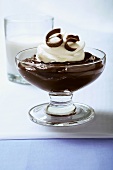 Chocolate Pudding with Whipped Cream and Chocolate Shavings; Glass of Milk