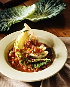 Vegetable stew with tomatoes and braised savoy cabbage