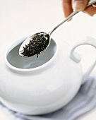 Teeblätter mit Löffel in Teekanne geben