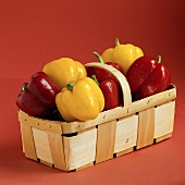Wooden Vegetable Basket Filled with Red and Yellow Bell Peppers, Red Background
