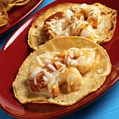 Tostadas with shrimps, tomatoes and cheese