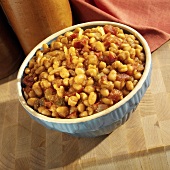 Baked Beans and Salsa Side Dish in Blue Bowl