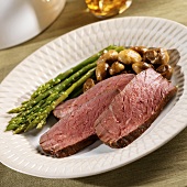 Plate with Slices of London Broil, Asparagus and Mushrooms