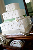 Three Tier Square Wedding Cake with Green Ribbon