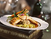 Grilled Salmon on Wild Rice with Steamed Asparagus and Carrots