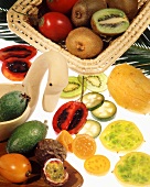 Various exotic fruits, some in a basket