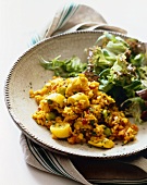 Yellow Rice with Vegetables on a Plate with Salad