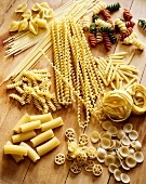 Variety of Dried Pasta on Wood