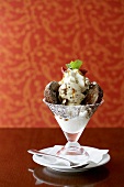 Ice Cream Sundae with Chocolate Covered Malted Milk Candy on a Plate with Spoon