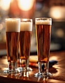 Three Tall Glasses of Beer, Pilsner, Lager and Helles on Bar