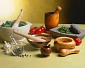 Assorted Mortar and Pestles with Ingredients