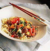 Beef and Red Pepper Stir Fry over Asian Noodles