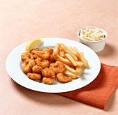 Plate of Fried Shrimp with French Fries; Bowl of Cole Slaw