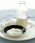 A Bowl of Plain Yogurt and a Bottle of Milk