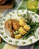 Chicken leg with sweetcorn, green beans & mashed potato