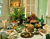 Italian buffet with antipasti, bread and wine