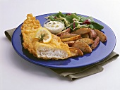 Deep Fried Fish and Chips with Tartar Sauce and Salad