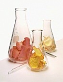Assorted Rose Petals in Lab Beakers on a White Background