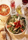Large Chicken Salad with Chicken and a Bowl of Minestrone Soup