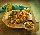 Plate of Fried Shrimp with Yellow Squash and Bell Peppers