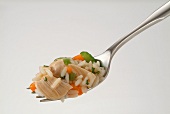Chicken Rice and Vegetables on a Fork, White Background