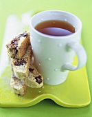 A Cup of Tea with Chocolate Chip Biscotti, Close Up