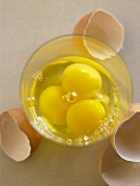 Drei aufgeschlagene rohe Eier in Glasschale, Eierschalen