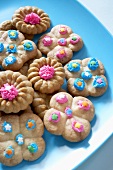 Spritz Cookies on a Blue Plate