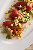 Stuffed Red Chili Peppers Topped with Corn Salsa on a Platter