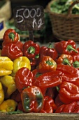 Red and Yellow Peppers for Sale at an Outdoor Market in Rome, Italy