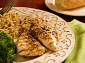 Grilled Seasoned Chicken Breasts with Rice and Broccoli
