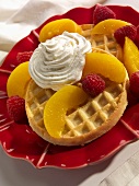 Waffles with Peaches, Raspberries and Cream