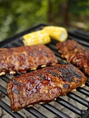 Ribs on the Grill with Barbecue Sauce and Corn