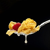 Spoonful of Cornflakes with Raspberry, Milk Dripping