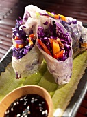 Fresh Spring Rolls with Red Cabbage and Carrots, Raspberry Sesame Sauce
