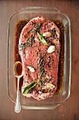 Flank Steak Marinating in a Glass Dish, From Above