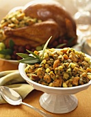 Serving Bowl of Apricot Stuffing, Whole Roast Turkey, For Thanksgiving