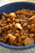 Beans and Franks in a Blue Bowl; Close Up