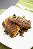 Two Grilled Mahi Mahi Fillets on a White Plate