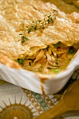 Chicken Pot Pie in a Baking Dish with Scoop Removed