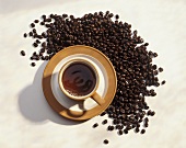 Cup of Coffee with Coffee Beans; From Above