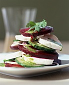 Layered Beet, Mozzarella Cheese and Cucumber Salad with Herb Dressing