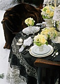Elegant Winter Table Setting with White Floral Bouquets (San Moritz, Switzerland)