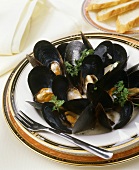 Bowl of Steamed Mussels; Bread
