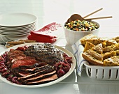 Grilled, Sliced Beef with Corn Bread and Bean Salad