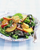 Stone Fruit Salad with Camembert Croutons Over Mixed Greens