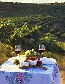 Tisch mit Rotwein, Käse und Weintrauben am Weinberg