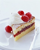 A slice of raspberry sponge cake topped with whipped cream
